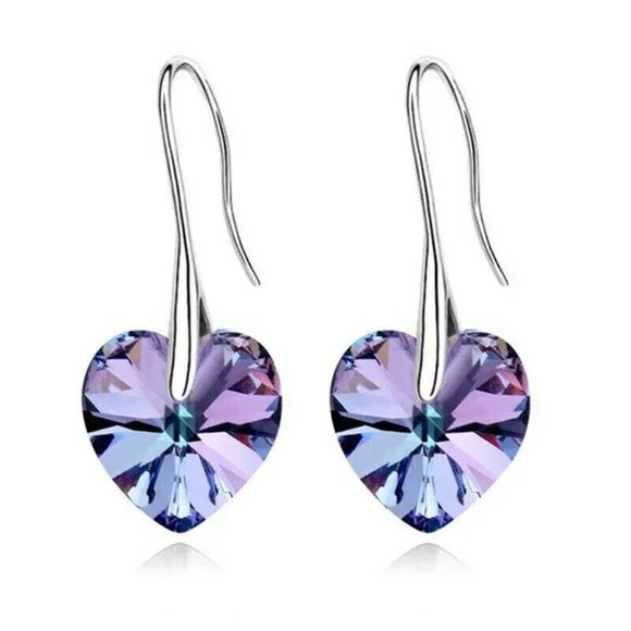 Silver Plated Mystic Purple Rhinestone Crystal Drop Hook Earrings Gorgeous Gift - Picture 2 of 3